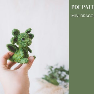 Mini Dragon knitting pattern. Little knitted amigurumi dragon step-by-step tutorial. DIY tiny toy. English and Russian PDF.