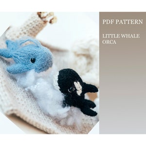 May include: A PDF pattern for crocheting a small whale and orca. The whale is blue and the orca is black and white. The pattern is for a small, cuddly toy.