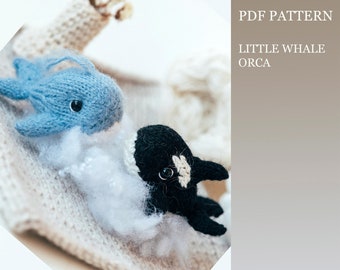 Little whale knitting pattern. Knitted amigurumi orca whale step by step tutorial. DIY New Year knitted gift. English and Russian PDF.