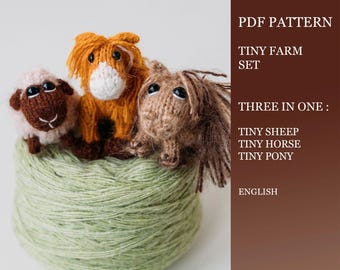 Tiny Farm set 3 in 1: knitting pattern for Sheep, Horse and Pony toys, PDF download