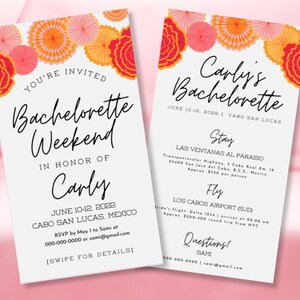 May include: A white invitation card with a colorful floral design at the top. The text reads "You're Invited Bachelorette Weekend In Honor of Carly June 10-12, 2022 Cabo San Lucas, Mexico RSVP by May 1 to Sami at 000-000-0000 or sami@gmail.com [Swipe for Details]"