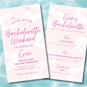 May include: Pink and white invitation for a bachelorette weekend in San Juan, Puerto Rico. The invitation features a floral design and the text "Erin's Bachelorette" and "June 10-12, 2022 | San Juan, Puerto Rico".