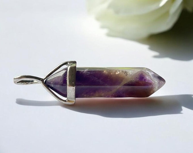 Purple Fluorite Crystal Pendant: 925 Sterling Silver, Black Cord