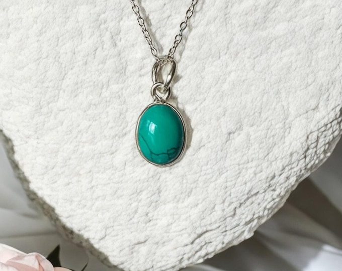 Dainty Oval Turquoise Necklace: 925 Sterling Silver Pendant