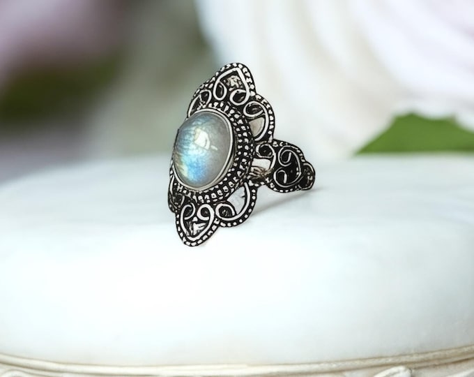Sterling Silver Moonstone Ring, Filigree Oval Ring, Natural Gemstone, Statement Jewellery, Gift