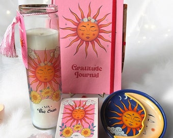 Gratitude Journal, Tarot Candle Gift Set, Rose Quartz Crystal Sun Carving, Trinket Dish and Rose Quartz Crystal Pen