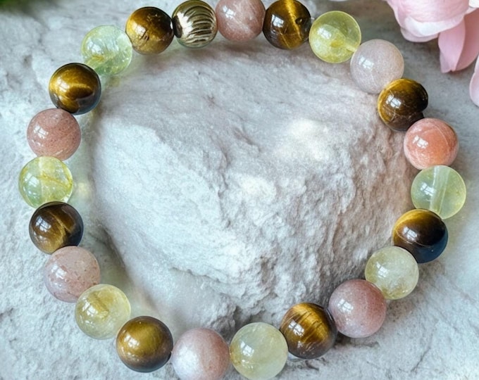 Leo Zodiac Crystal Bracelet: Sunstone, Tiger's Eye & Citrine - 18ct Gold Charm, 7”