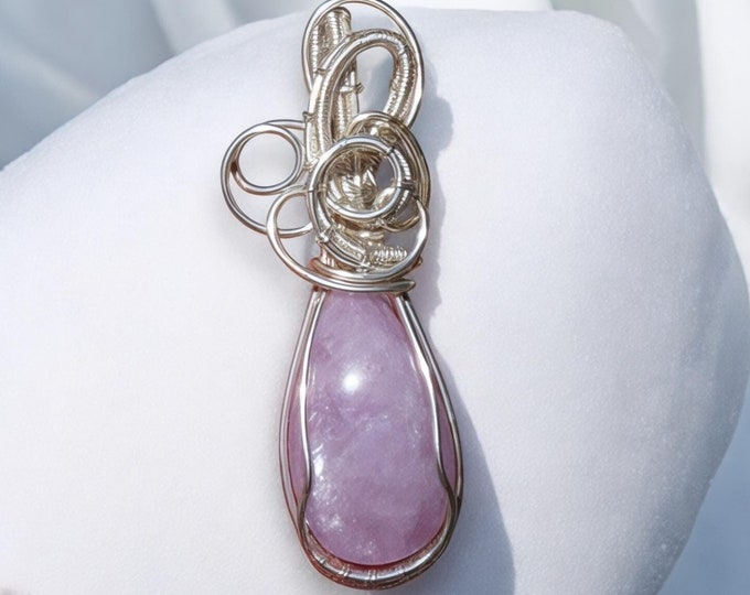 Handmade Kunzite Pendant: Wire Wrapped Silver Necklace, Gemstone Jewellery