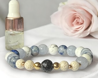 Aromatherapy Crystal Bracelet, Diffuser Bracelet with Sodalite, Howlite, Aquamarine for Relaxing Sleep Support, Spiritual Gift