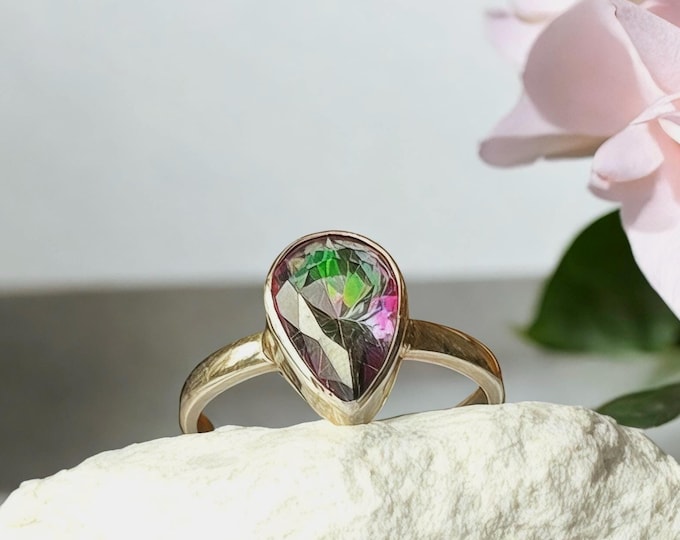 Mystic Topaz Ring: Teardrop 925 Sterling Silver Gemstone