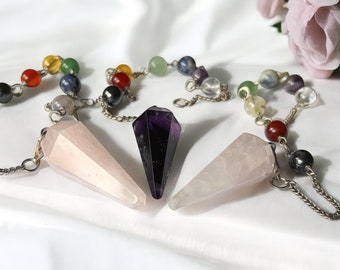 Crystal Pendulum,  Amethyst, Rose Quartz, and Clear Quartz for Spiritual Guidance and Balancing, With Detachable Chakra Bracelet
