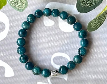Handmade 8mm Appatite Beaded Bracelet and Tibetan Silver Accent - Adjustable Stretch Bracelet for Healing Energies"
