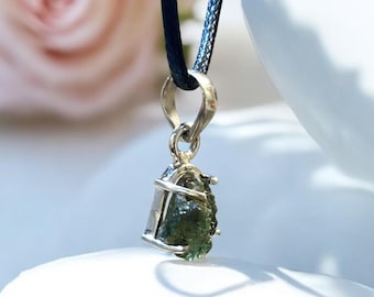 Genuine Moldavite Prong Pendant, 925 Sterling Silver, Natural Tektite, Unique Crystal Gift, Real Moldavite Jewellery