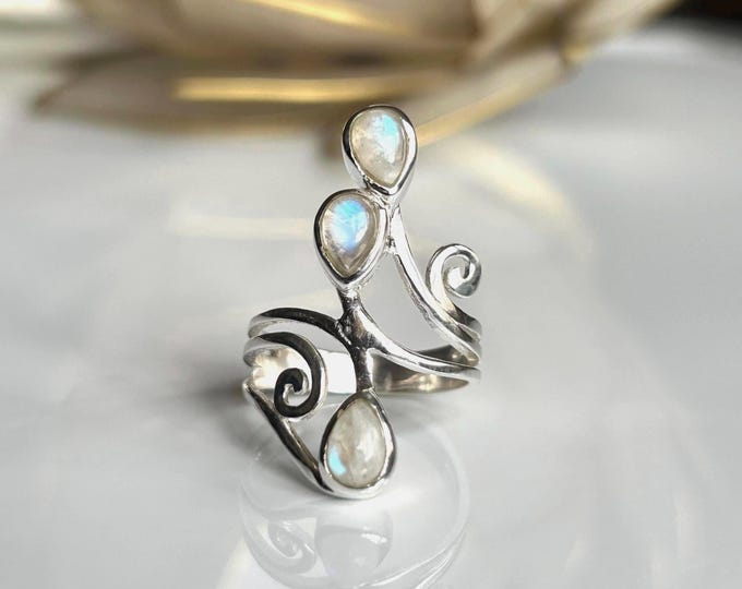 Rainbow Moonstone Sterling Silver Ring: Triple Stone Design, Size 6.5