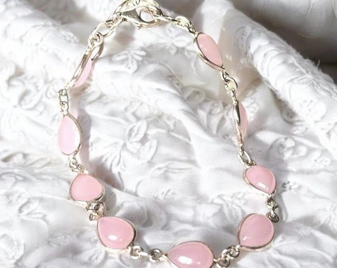 Teardrop Rose Quartz Bracelet: 925 Sterling Silver Pink Gemstone Jewelry