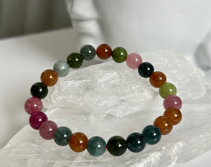 Watermelon Tourmaline Bracelet, 8mm Beaded Stretch Bracelet, Colour Enhanced Crystal, Pink Green Gemstone Jewellery