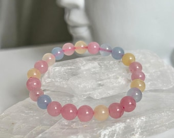 Morganite Bracelet, 8mm Beaded Stretch Bracelet, Soft Pastel Gemstone, Crystal Jewellery Gift, Adjustable Crystal Bracelet