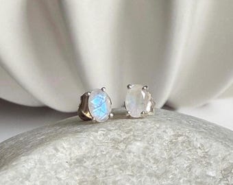 Oval Rainbow Moonstone Sterling Silver Stud Earrings – Gemstone Jewelry