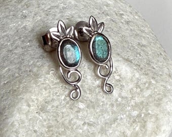 Labradorite Oval Earrings – Sterling Silver Swirl Design
