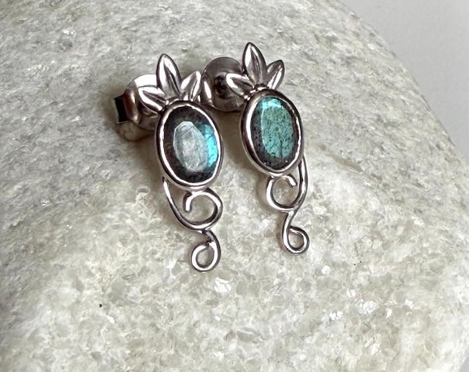 Labradorite Oval Earrings – Sterling Silver Swirl Design