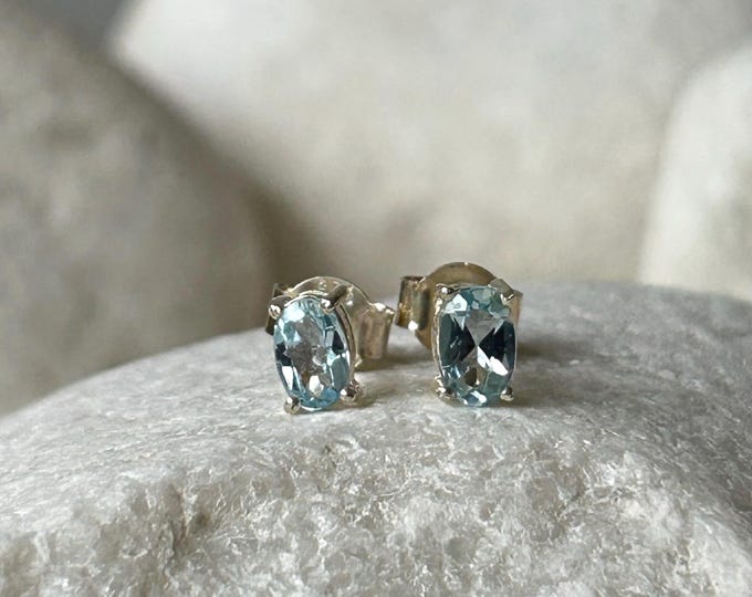 Blue Topaz Stud Earrings, Faceted Sterling Silver Oblong Studs