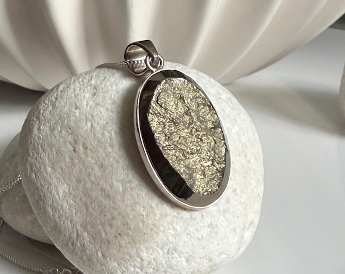 Oval Pyrite Pendant Necklace Sterling Silver Chain – Natural Mineral Jewellery