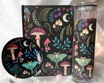 Woodland Forest Gift Set - Wild Berry Tall Candle, Crystal Mushroom, Woodland Theme Notebook, Dark Forest Trinket Dish, Witchy Gift Set