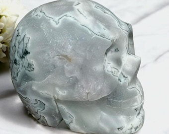 Moss Agate Crystal Skull, Druzy Pocket Skull, Carved Gemstone, Statement Piece, Gift