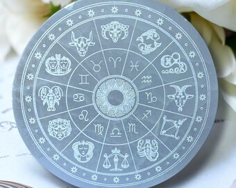 Large Selenite Charging Plate, 15cm Round Crystal Plate, Zodiac Engraved Selenite, Crystal Charging Disc, Metaphysical Decor