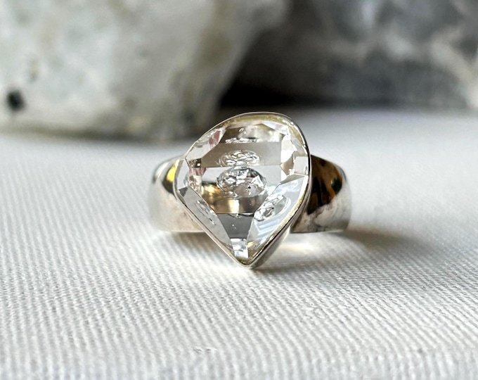 Sterling Silver Herkimer Diamond Ring, Quartz Gemstone Jewellery, UK Size P