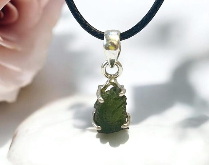 Genuine Moldavite Pendant, 925 Silver, Black Cord Necklace, Real Moldavite Jewellery, Unique Crystal Gift