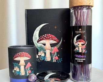 Magical Forest Mushroom Gift Set - Wild Berry Scented Candle, Dark Forest Trinket Dish, Crystal Mushroom, Lined Notebook, Spiritual Gift Box