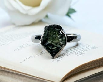 Moldavite Ring, Genuine Moldavite Sterling Silver Ring, Natural Green Crystal, Czech Tektite Jewellery, Unique Gift for Her