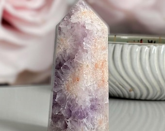 Purple Amethyst Tower, Pink Amethyst Inclusions, Flower Amethyst Point, Standing Crystal Tower, Raw Quartz Display Piece