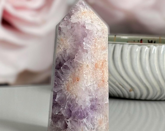 Featured listing image: Purple Amethyst Tower, Pink Amethyst Inclusions, Flower Amethyst Point, Standing Crystal Tower, Raw Quartz Display Piece