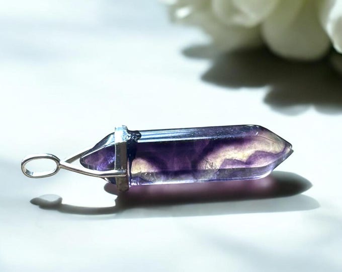 Purple Fluorite Crystal Point Pendant: 925 Sterling Silver, Black Cord