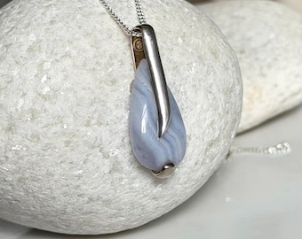 Blue Lace Agate Pendant Necklace option Sterling Silver Chain