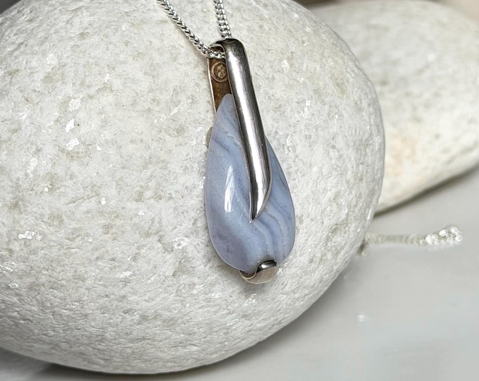 Blue Lace Agate Pendant Necklace option Sterling Silver Chain