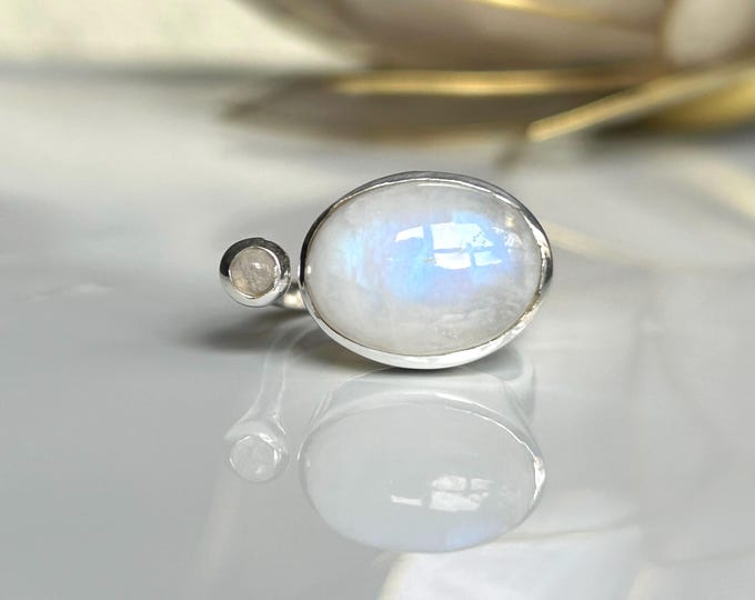 Rainbow Moonstone Double Stone Ring: 925 Sterling Silver, UK Size O