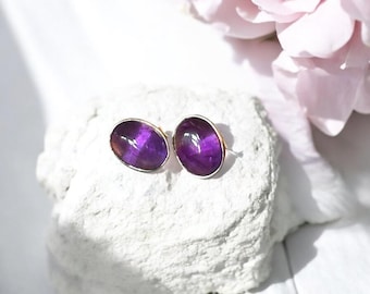 Amethyst Stud Earrings, Sterling Silver Earrings, Oval Amethyst Cabochon, Gemstone Studs, 925 Silver Jewellery, Gift for Her