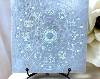 Selenite Charging Plate, Large Square 14.5cm, Zodiac Engraved Crystal Charging Slab, 2cm Thick, Cleansing and Recharging