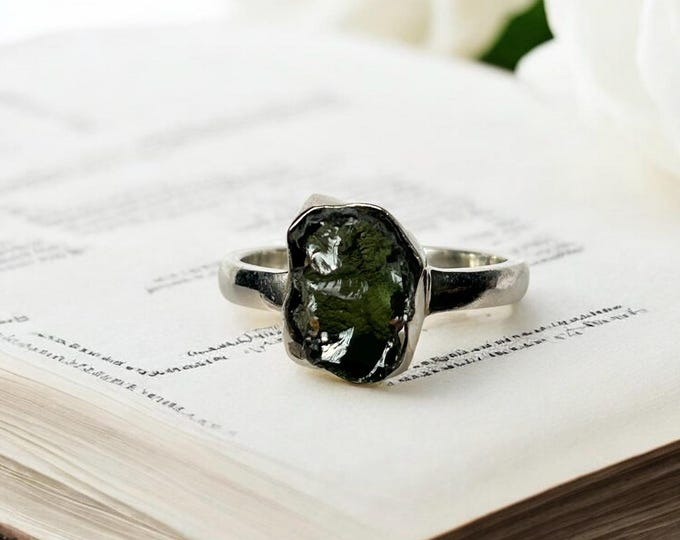 Genuine Moldavite Ring, Sterling Silver, UK Size R, Natural Czech Moldavite Crystal Jewellery
