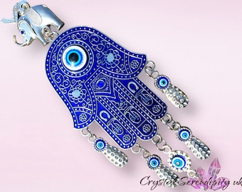 Hamza Hand Evil Eye Hanging with Elephant Charm and Glass Disk - Powerful Talisman for Protection and Good Luck