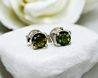 Genuine Moldavite Stud Earrings, 4mm Faceted Moldavite, 925 Silver Earrings, Real Moldavite Jewellery, Unique Crystal Gift  For Her
