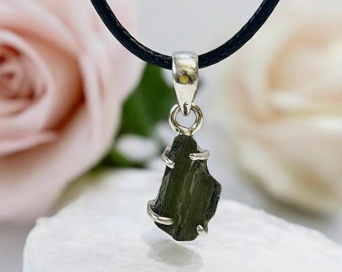 Moldavite Pendant: Raw Green Tektite, Sterling Silver, Spiritual Jewelry