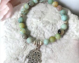 Amazonite Bracelet,  Gemstone Bracelet with Silver Spacers and Hand of Hamza, Crystal Gift Beaded Bracelet for Healing and Protection