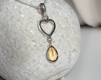 Sterling Silver Heart Pendant Necklace with Citrine Gemstone