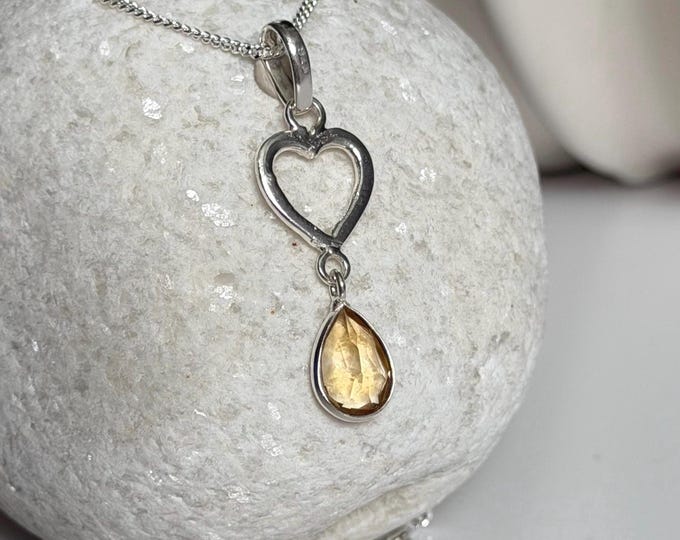 Sterling Silver Heart Pendant Necklace with Citrine Gemstone