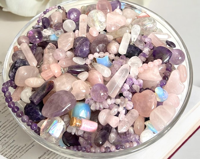 Featured listing image: Crystal Confetti Mix, Rose Quartz, Amethyst, Lepidolite, Self Love Crystals, Pendant, Bracelet, Tumble Stones, Mini Spheres, Gift
