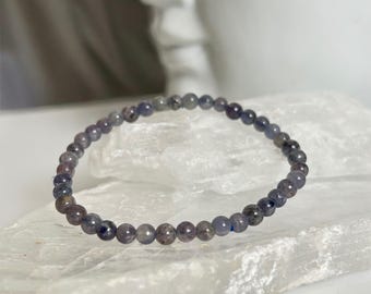 Iolite Bracelet, 4mm Beaded Stretch Bracelet, Small Crystal Bracelet, Dark Blue Gemstone, Dainty Stackable Jewellery